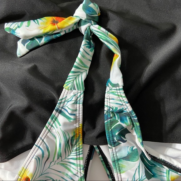 Swimsuit One Piece Halter Tie Neckline Floral Black Small - Picture 5 of 11